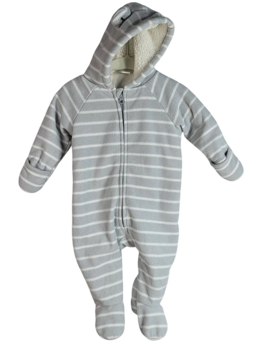 Old Navy Fleece Baby Bunting Gray 3-6M Striped Sherpa Lined Hood Zipper Mittens